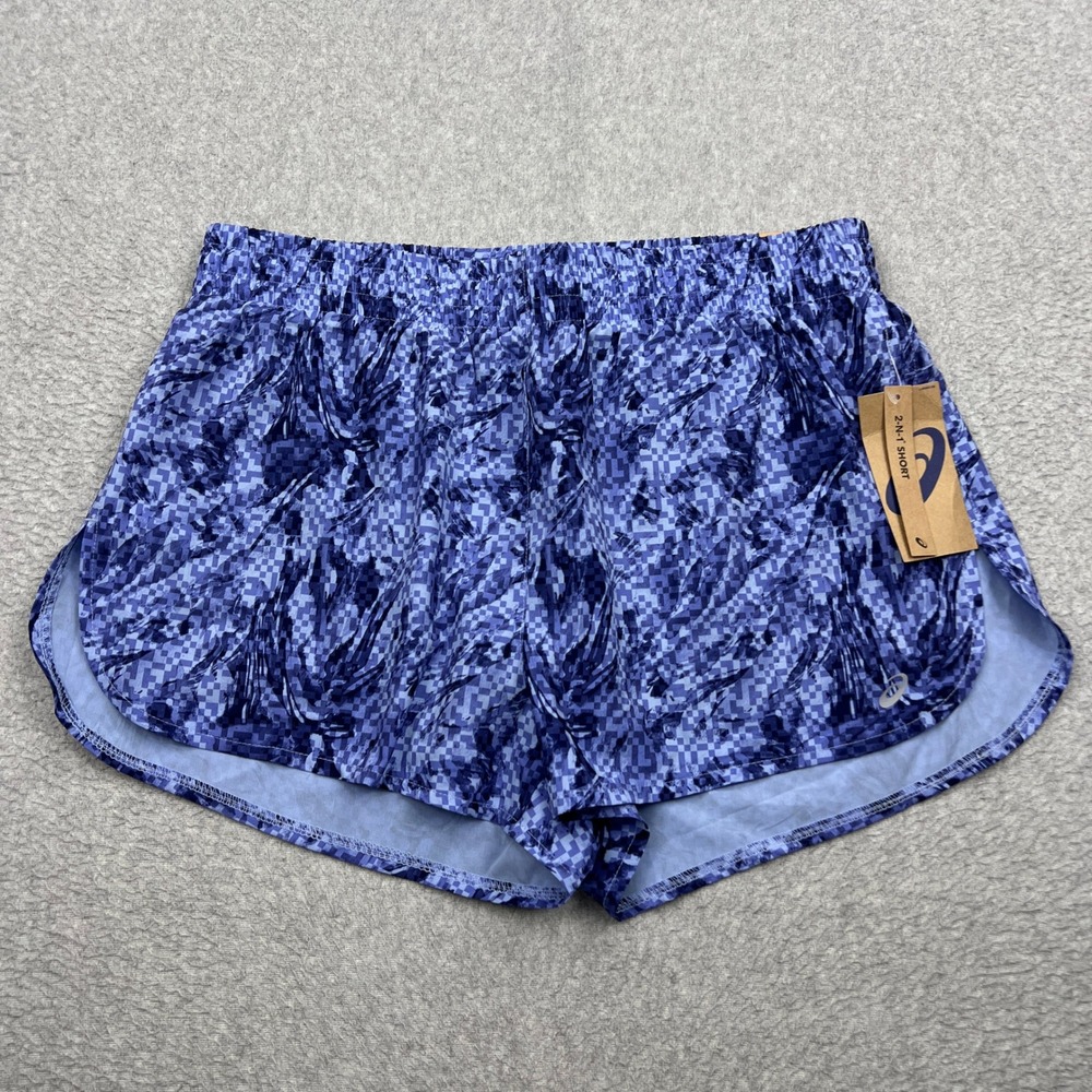 NEW Asics 2-N-1 Shorts Womens Large Blue Geometric Lined Running Gym AMXWSH1560